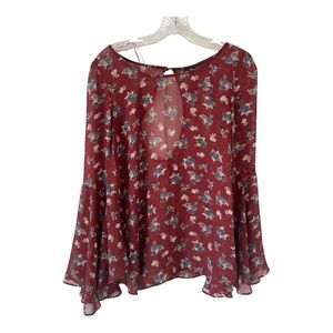 Anna Grace Maroon Floral Gauzy Boho Flare Sleeve Blouse